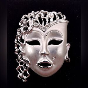 Silver Masquerade Mask Brooch Pendant Jewelry Vintage